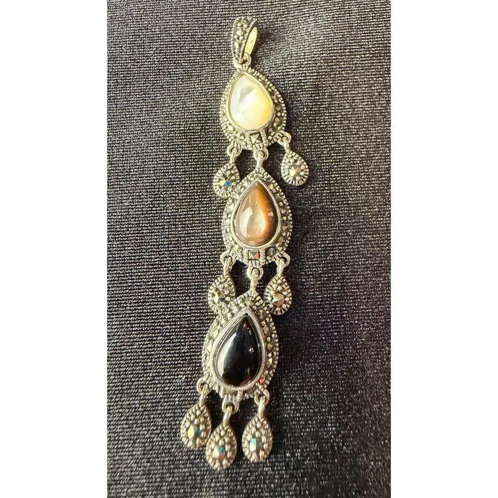 Vintage marcasite and multi-gemstone pendant, 925 sterling silver Thailand. - Picture 1 of 6